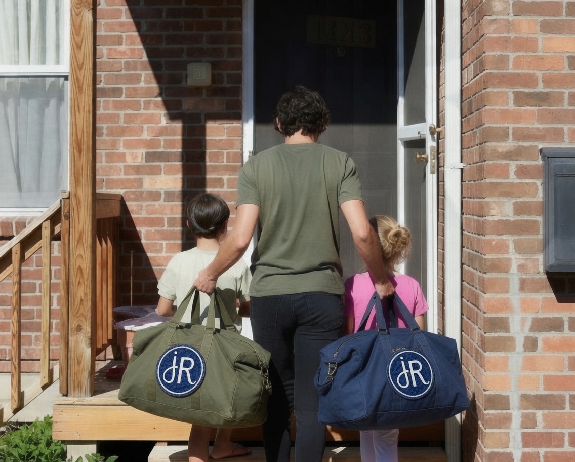 The same two children carrying Joy Restored duffle bags up the steps of a house