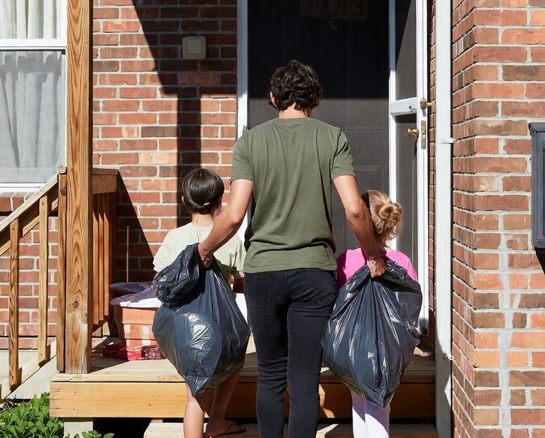 Two children carrying black garbage bags up the steps of a house